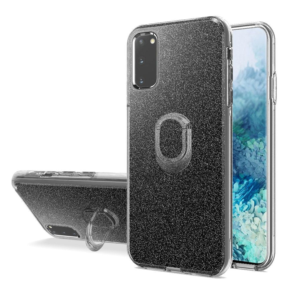 Samsung Galaxy s20 Shimmering Glitter Ring Stand Case Cover - Black