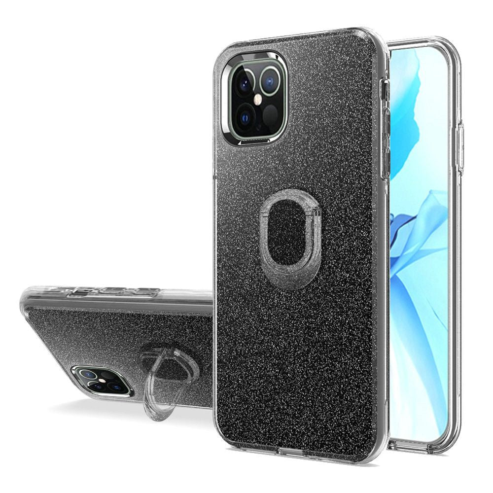 iPhone 12/Pro (6.1 Only) Shimmering Glitter Ring Stand Case Cover - Black