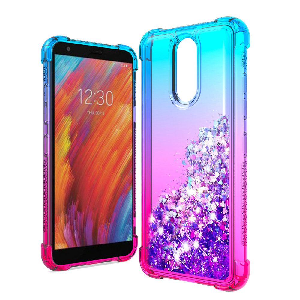 LG Aristo 4 Plus, Escape Plus, Tribute Royal Liquid Glitter Quicksand Two Tone Shock Proof TPU TPU - Blue+Hot Pink