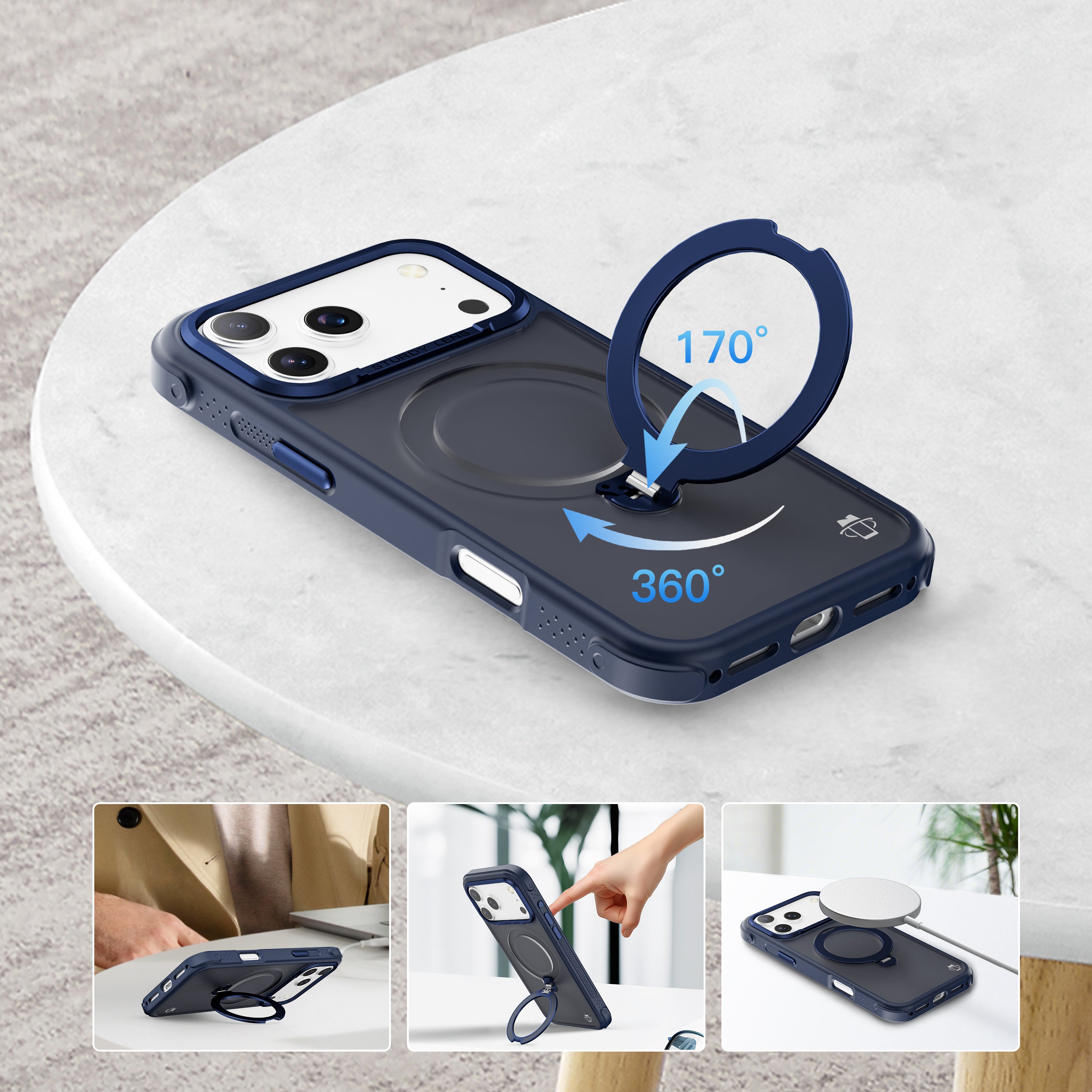 Navy Blue Frosted Bumper with 360° Magnetic Kickstand for iPhone 17 Pro Max with package