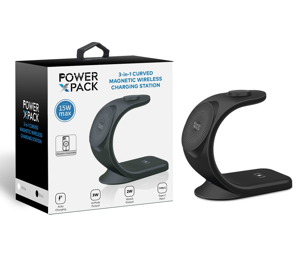 Black POWER X PACK 3 in 1 Curved Magnetic Wireless Station