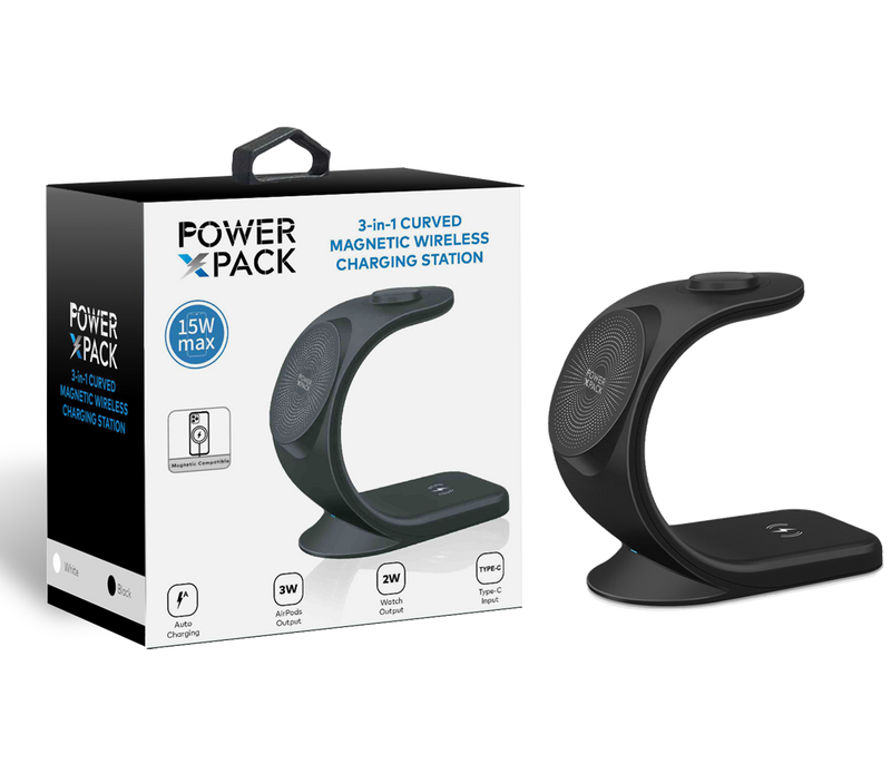 Black POWER X PACK 3 in 1 Curved Magnetic Wireless Station
