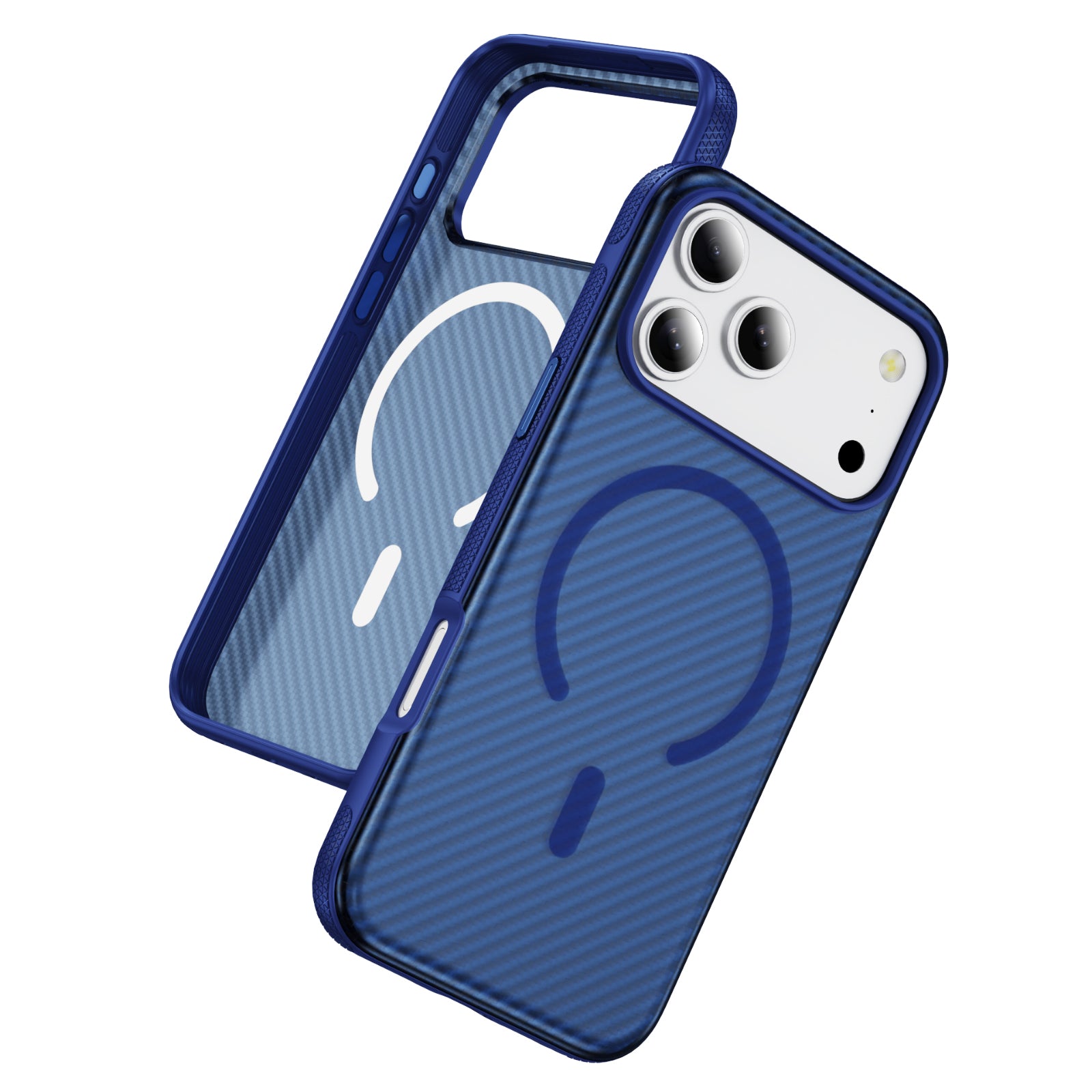 Transparent Blue + Royal Blue Magnetic Hard Shell Carbon Fiber Case for iPhone 17 Pro