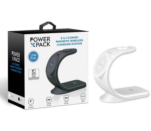 White POWER X PACK White 3 in 1 Curved Magnetic Wireless Station