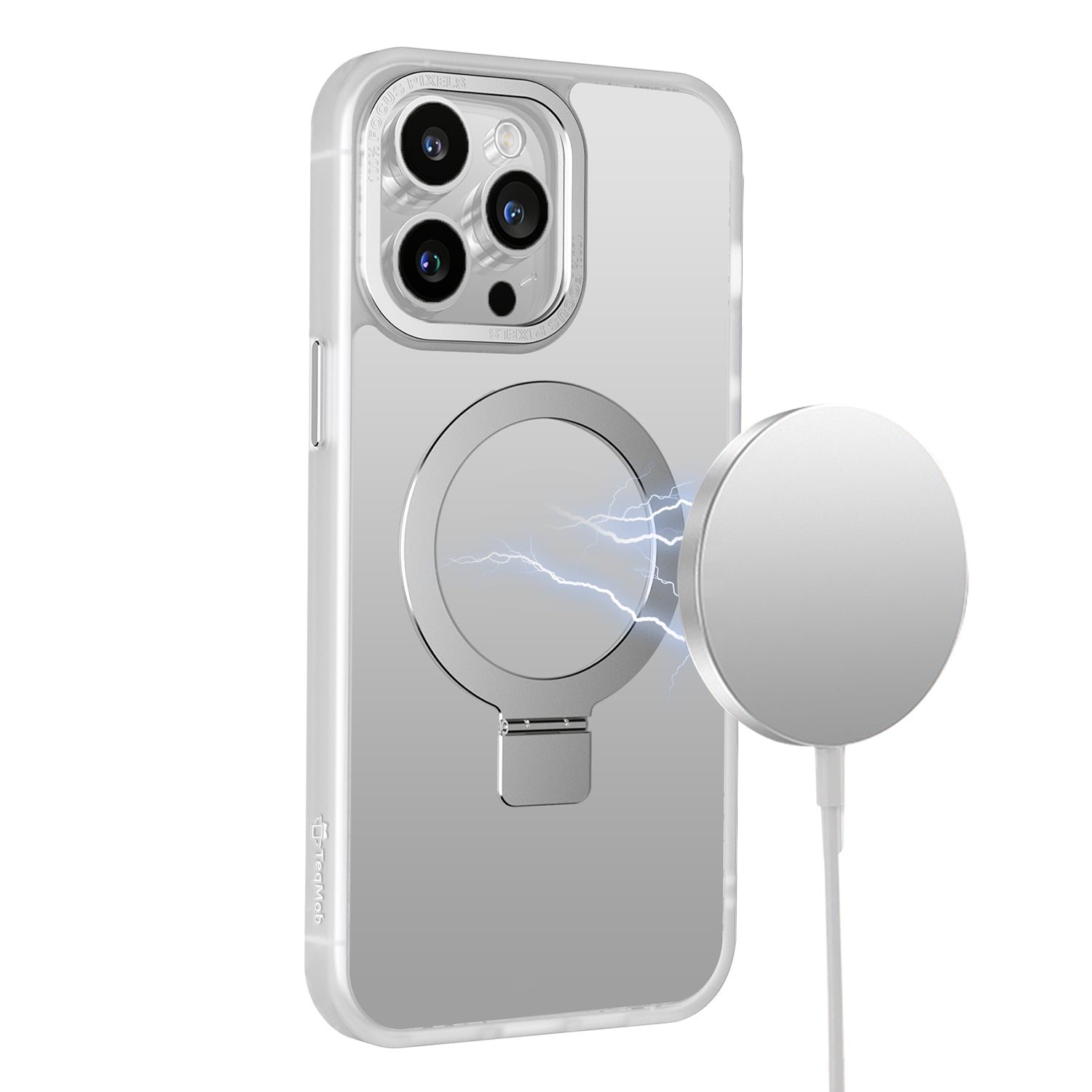 White Frosted Kickstand with Magnetic Compatibility for iPhone 15 Pro with package