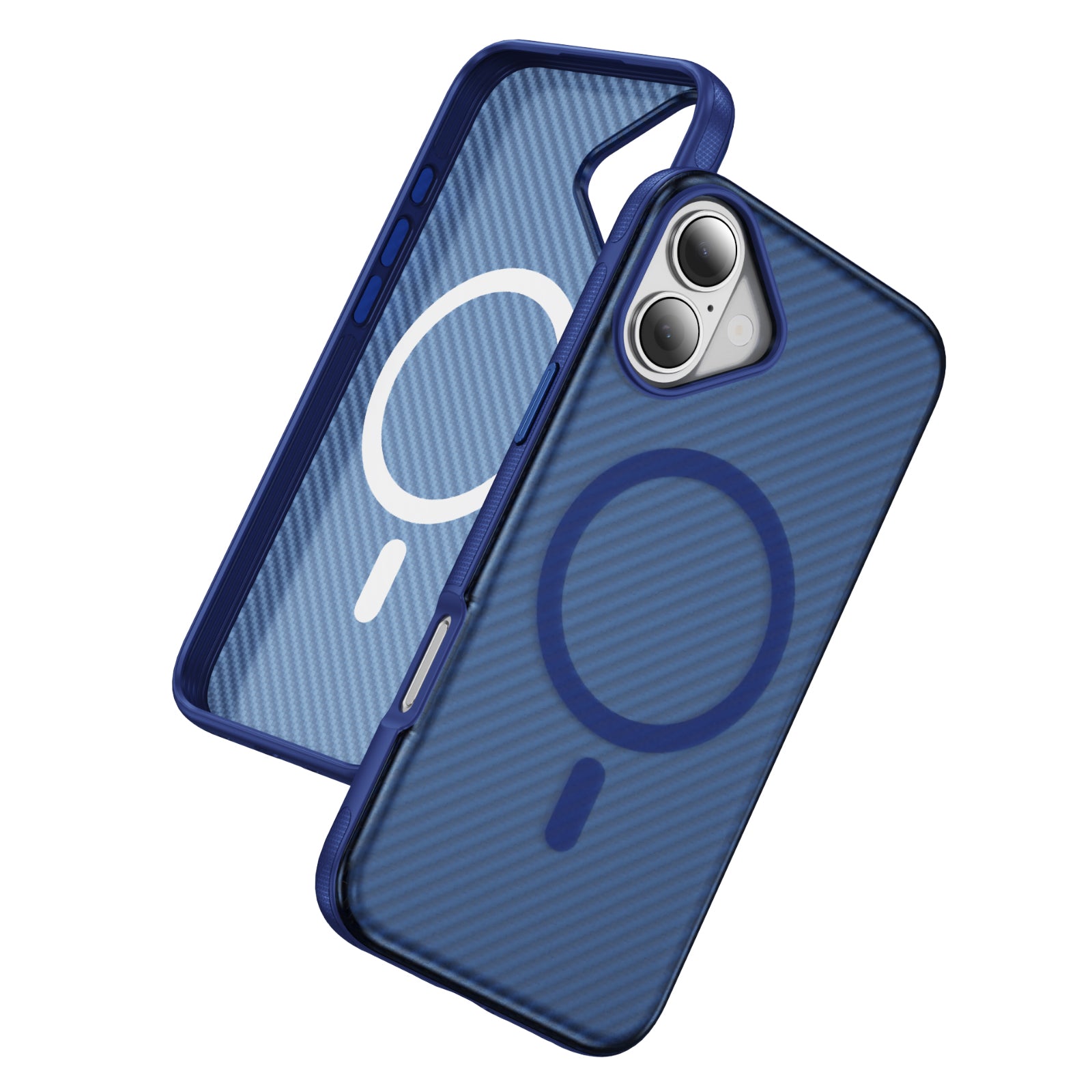Transparent Blue + Royal Blue Magnetic Hard Shell Carbon Fiber Case for iPhone 17 6.1