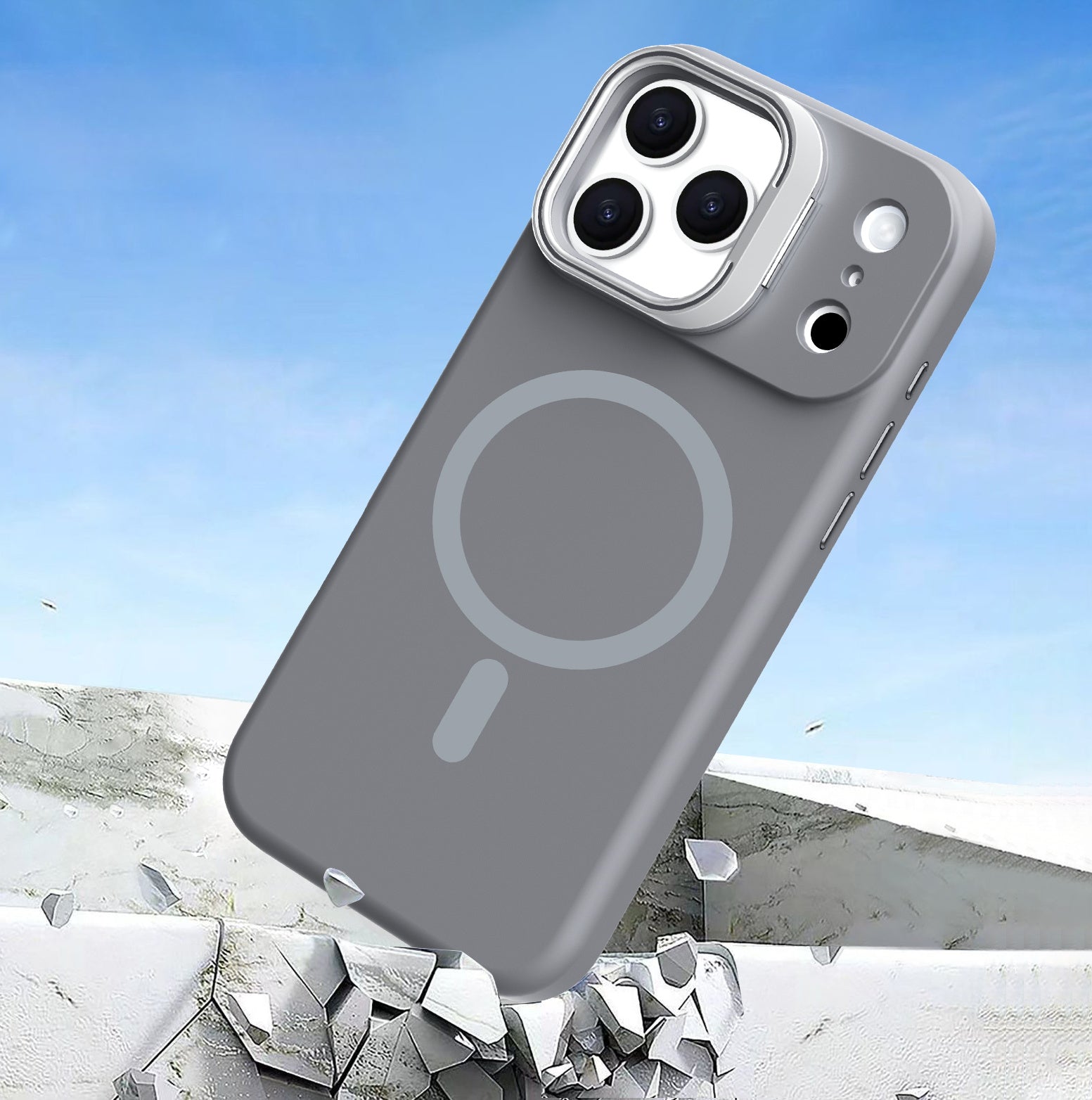 Gray Silicone Camera Kickstand with Magnetic Compatibility for iPhone 17 Pro Max with package