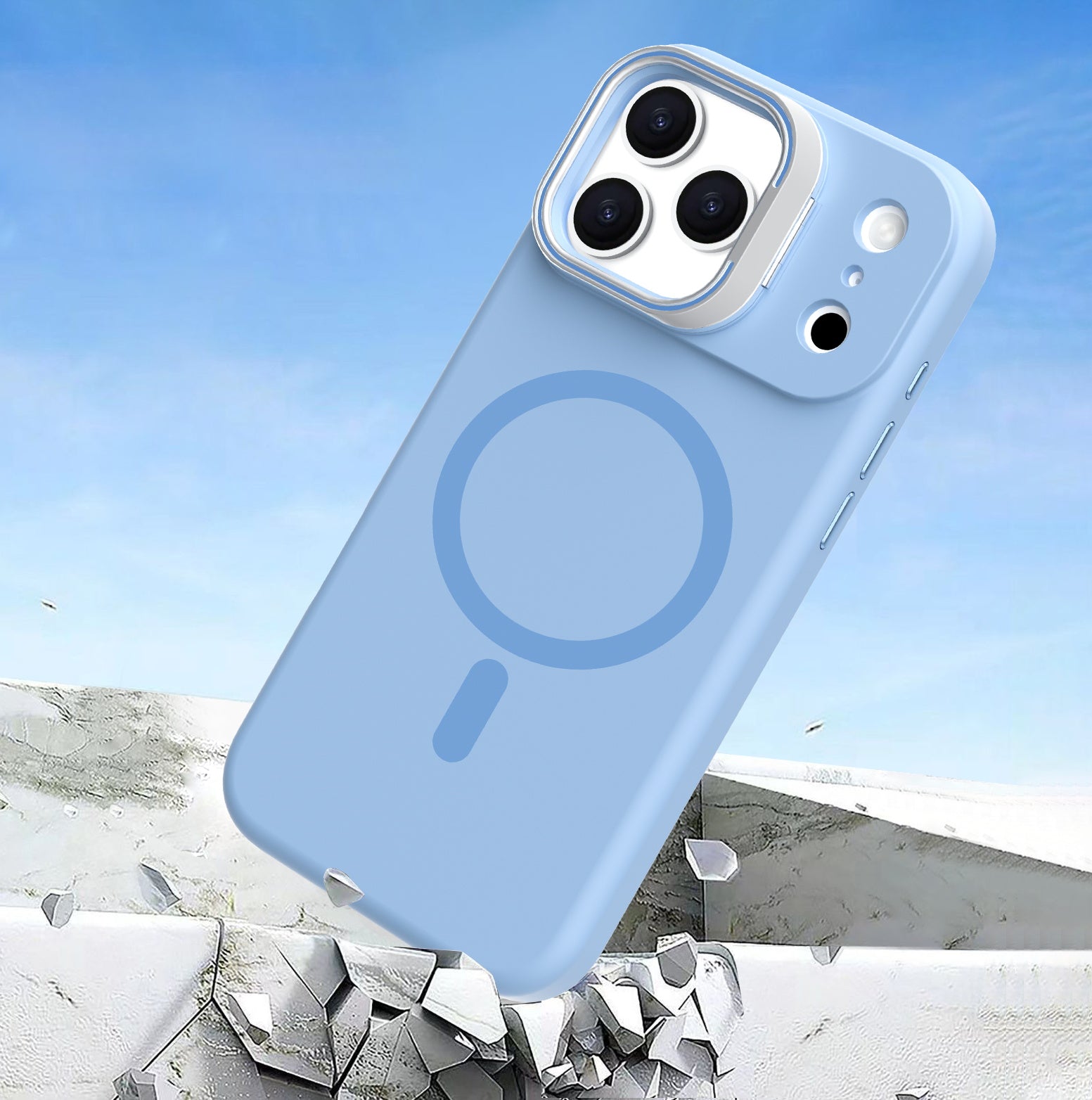 Light Blue Silicone Camera Kickstand with Magnetic Compatibility for iPhone 17 Pro with package