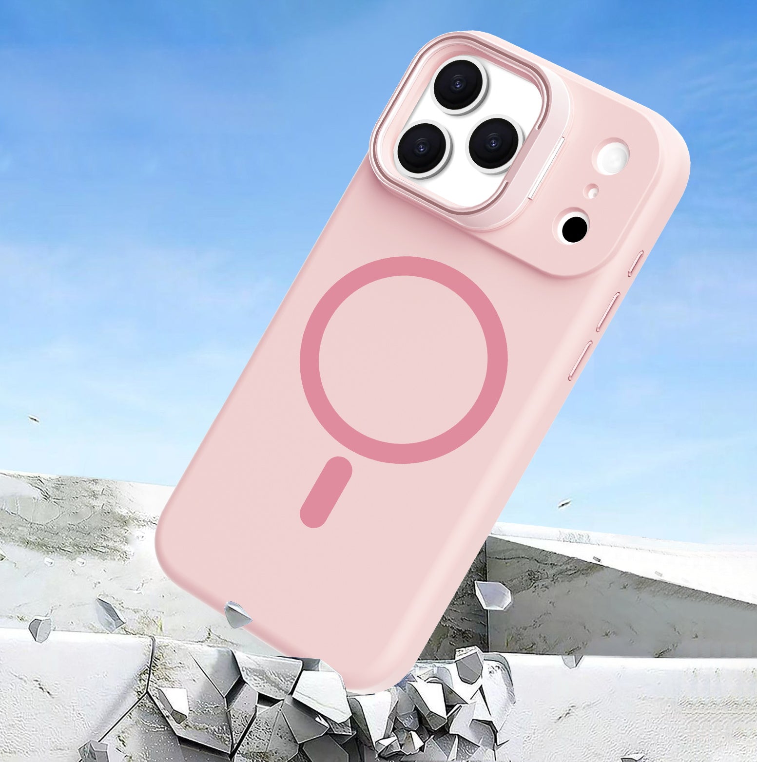 Pink Silicone Camera Kickstand with Magnetic Compatibility for iPhone 17 Pro Max with package