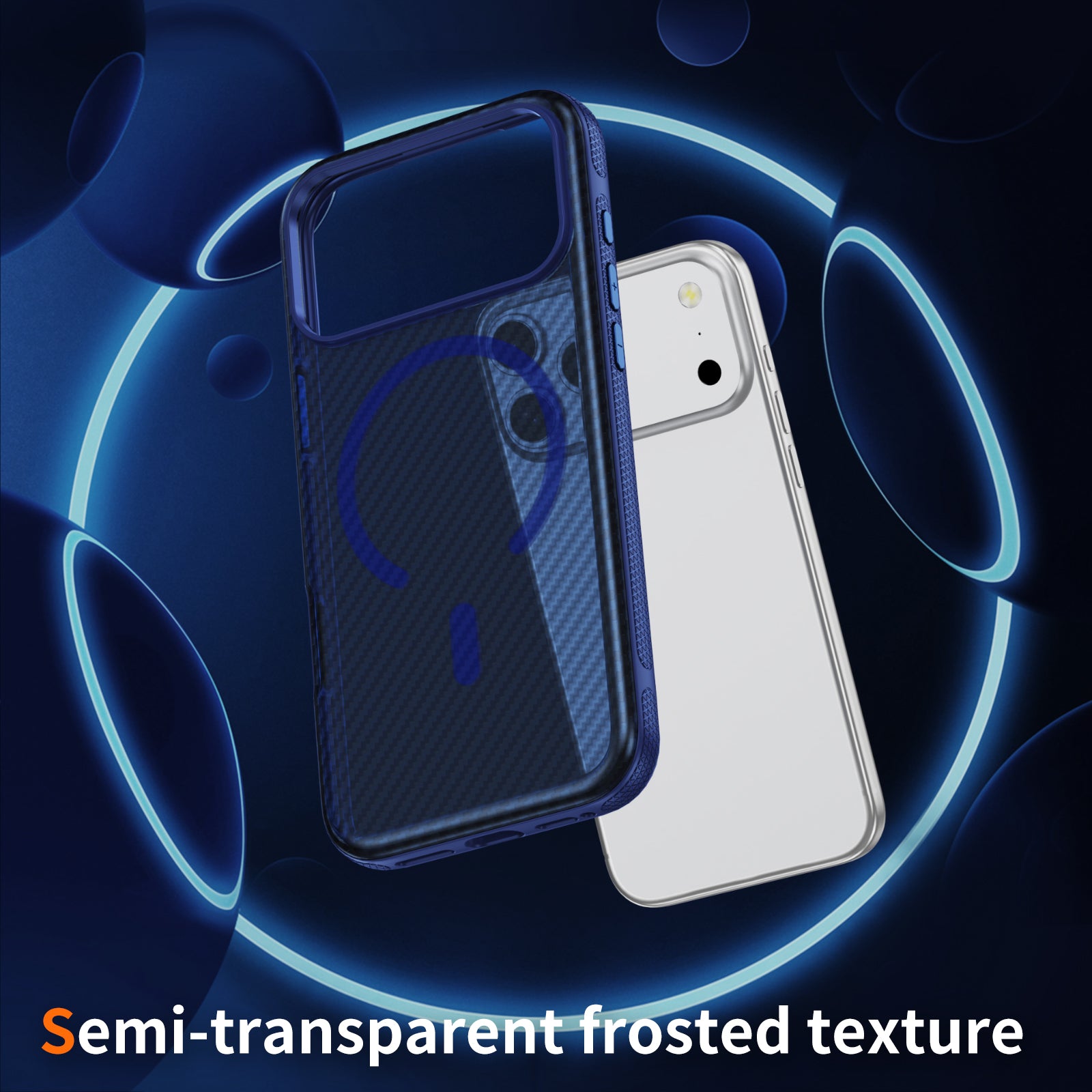 Transparent Blue + Royal Blue Magnetic Hard Shell Carbon Fiber Case for iPhone 17 Pro