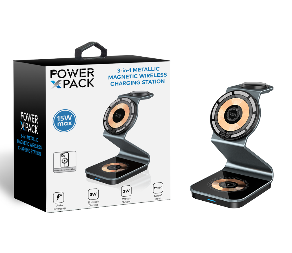 Black POWER X PACK 3 in 1 Metallic Magnetic Wireless Station