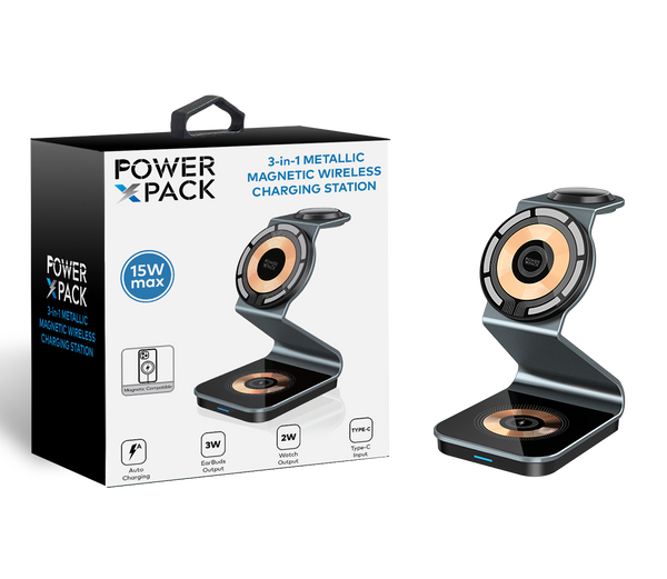 Black POWER X PACK 3 in 1 Metallic Magnetic Wireless Station