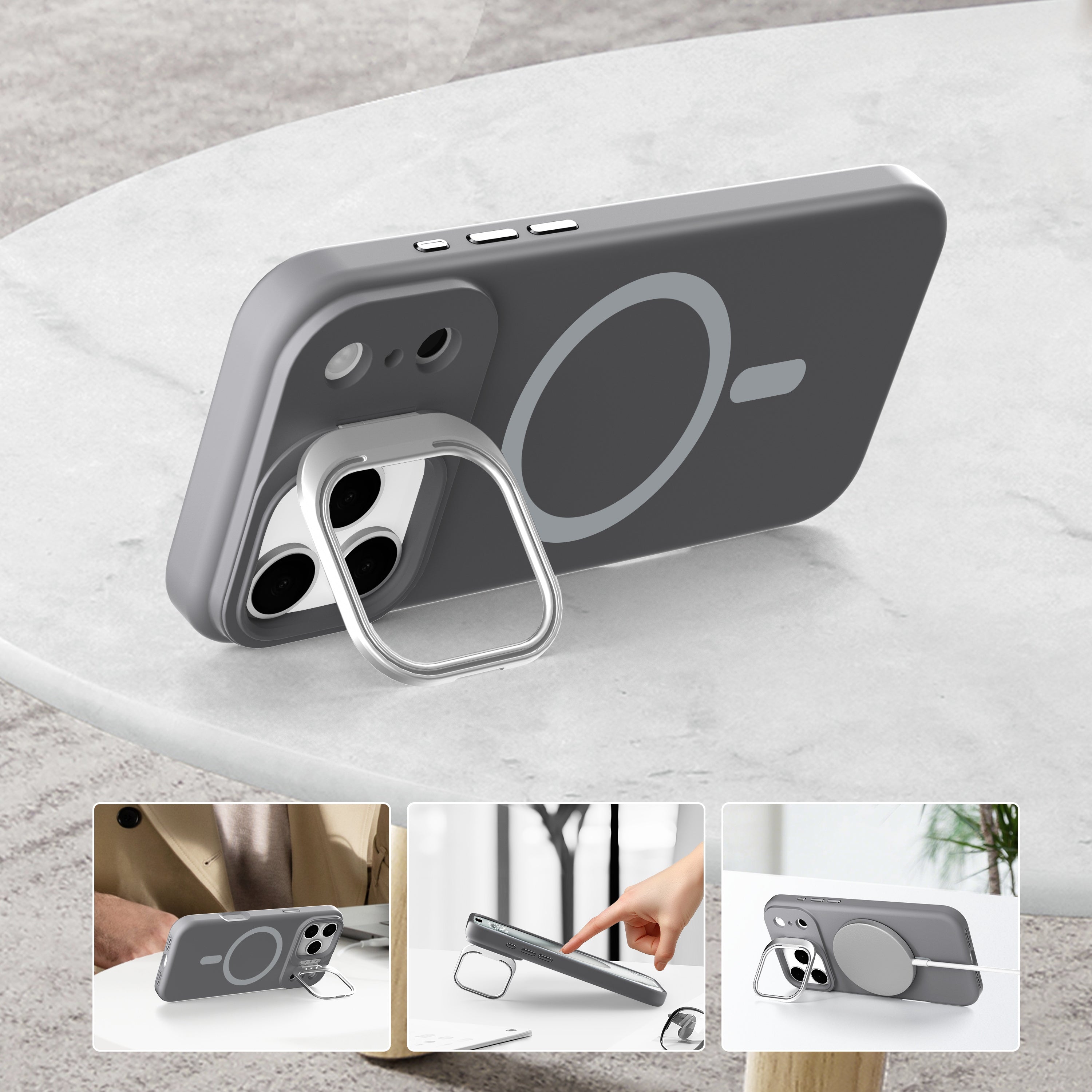 Gray Silicone Camera Kickstand with Magnetic Compatibility for iPhone 17 Pro Max with package