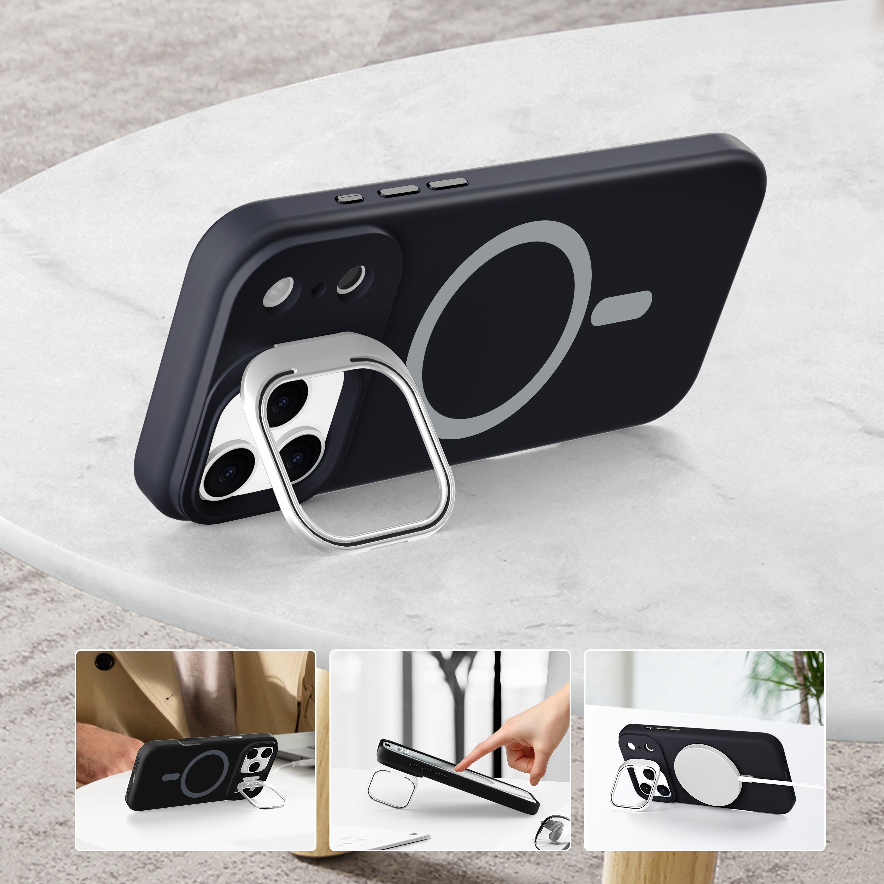 Black Silicone Camera Kickstand with Magnetic Compatibility for iPhone 17 Pro Max with package