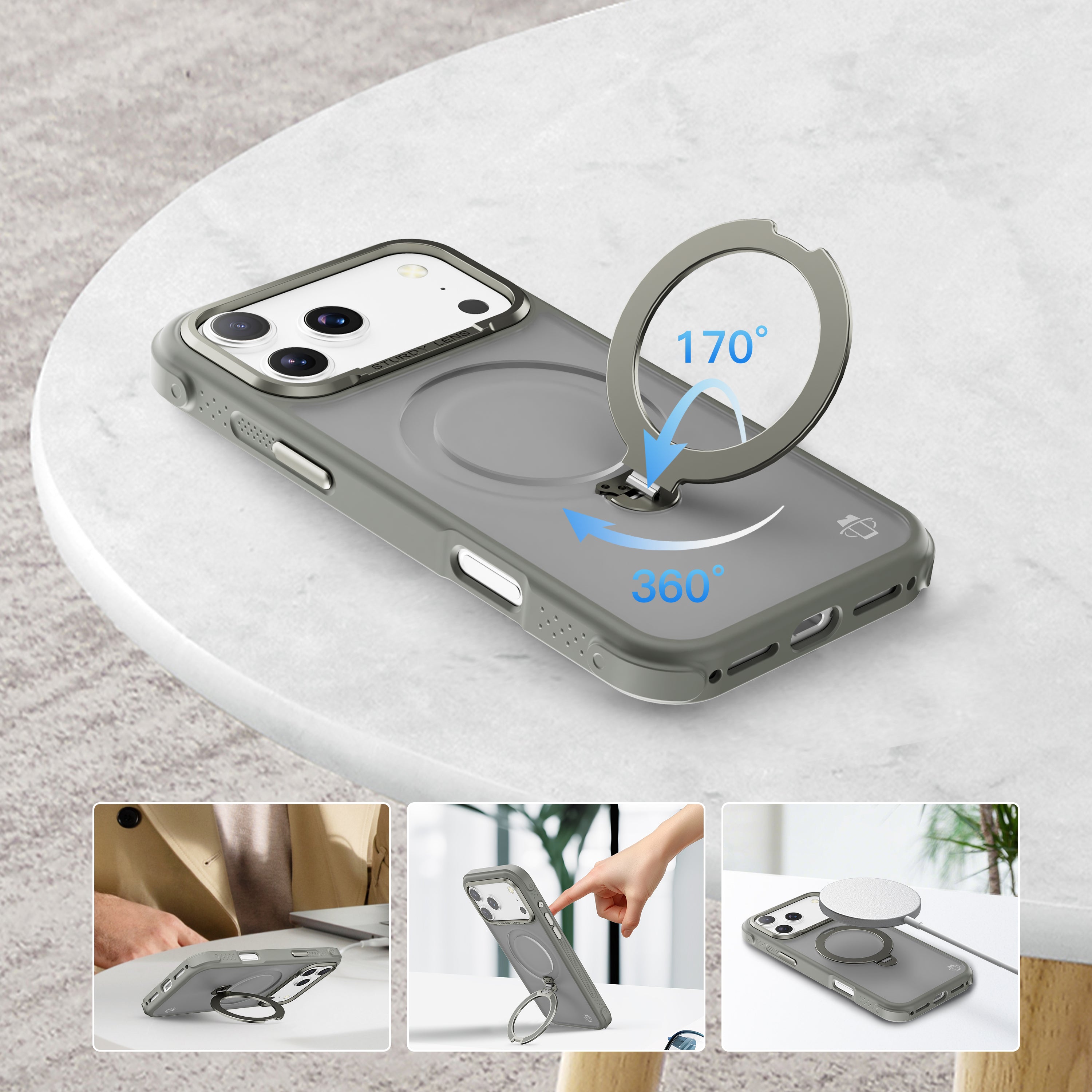 Grey Frosted Bumper with 360° Magnetic Kickstand for iPhone 17 Pro with package