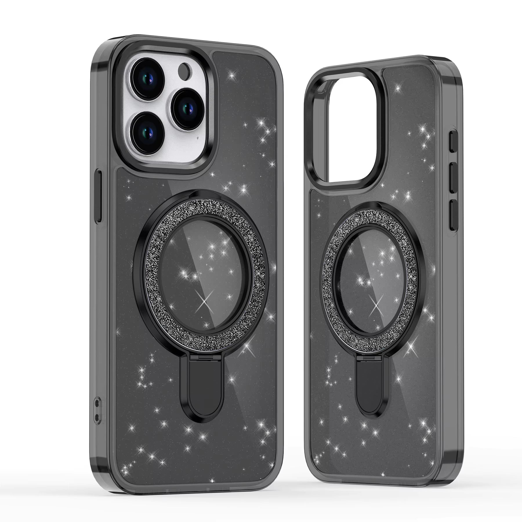Black Magnetic Transparent Glitter Kickstand Case for iPhone 16 Plus