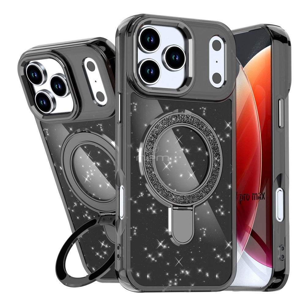 Black Magnetic Transparent Glitter Kickstand Case for iPhone 17 Pro Max