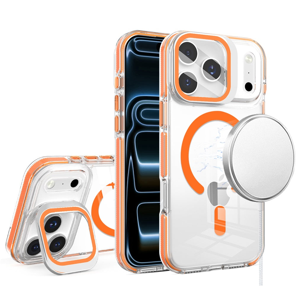 For iPhone 17 Pro Max Camera Metallic Stand [Magnetic Circle] Transparent Colorful Matching Edged Tough Hybrid Case - Cosmic Orange