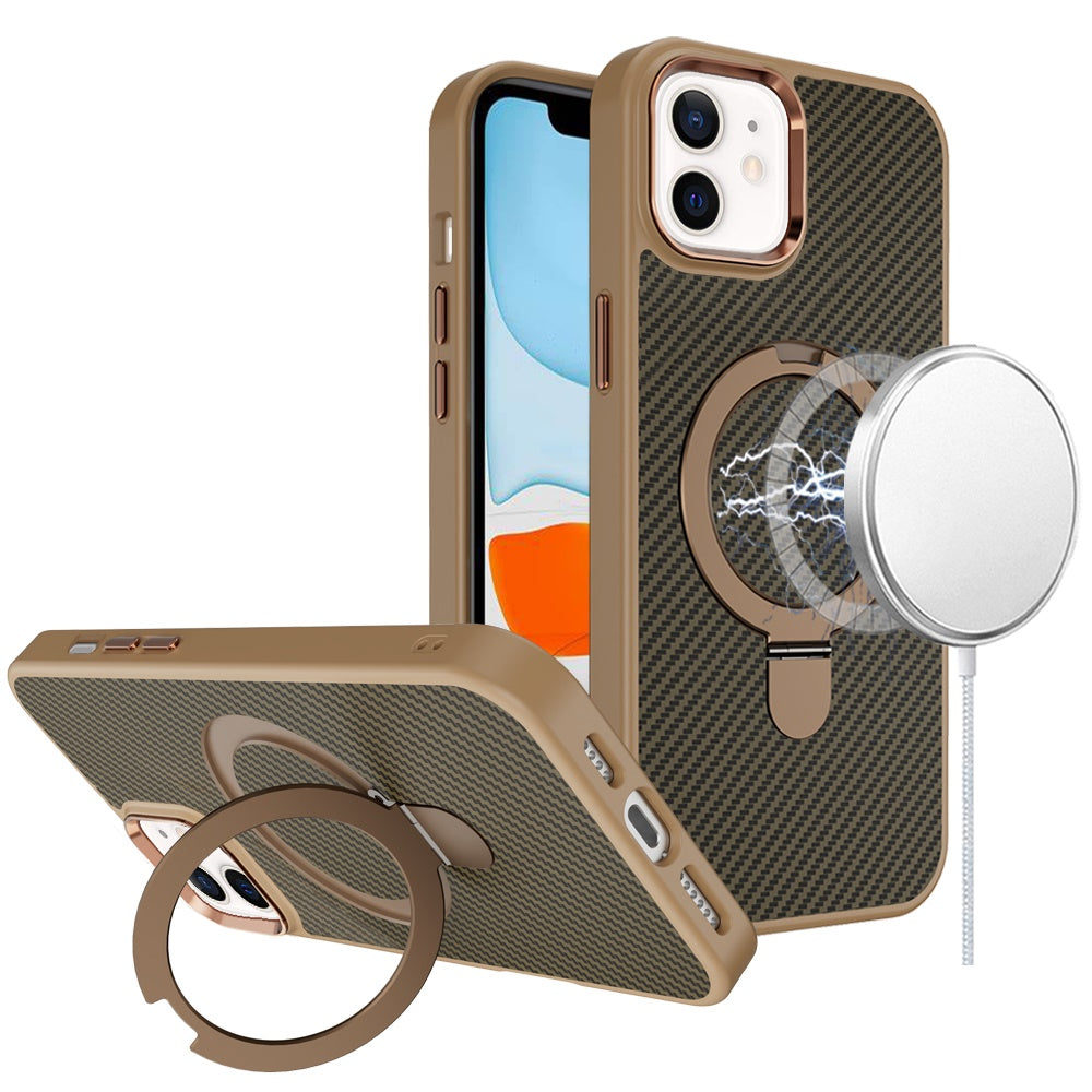 For iPhone 11 (XI6.1) Carbon Design [Magnetic Circle] with Ring Stand Hybrid Case - Brown