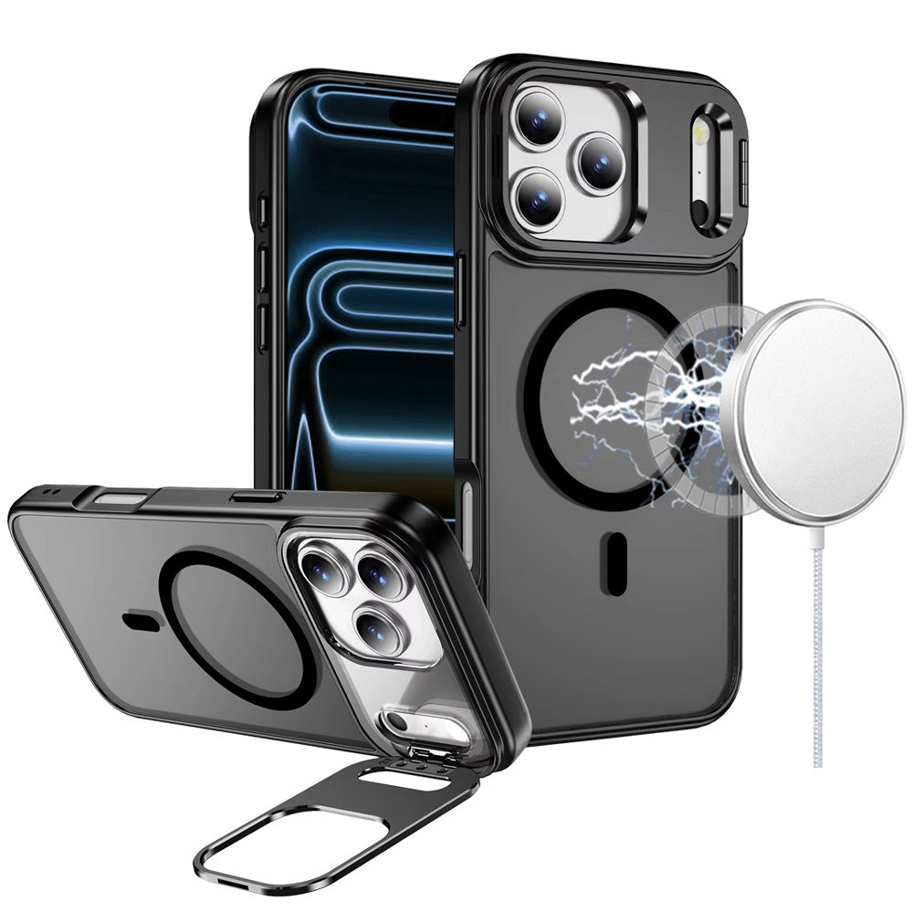 For iPhone 17 Pro Max Fearless Tough HQ Metallic Hybrid with Camera Ring Stand [Magnetic Circle] Case - Black