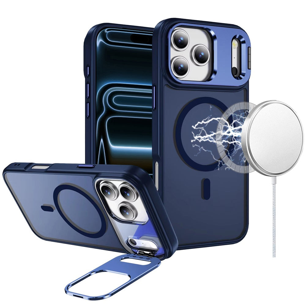 For iPhone 17 Pro Max Fearless Tough HQ Metallic Hybrid with Camera Ring Stand [Magnetic Circle] Case - Navy Blue