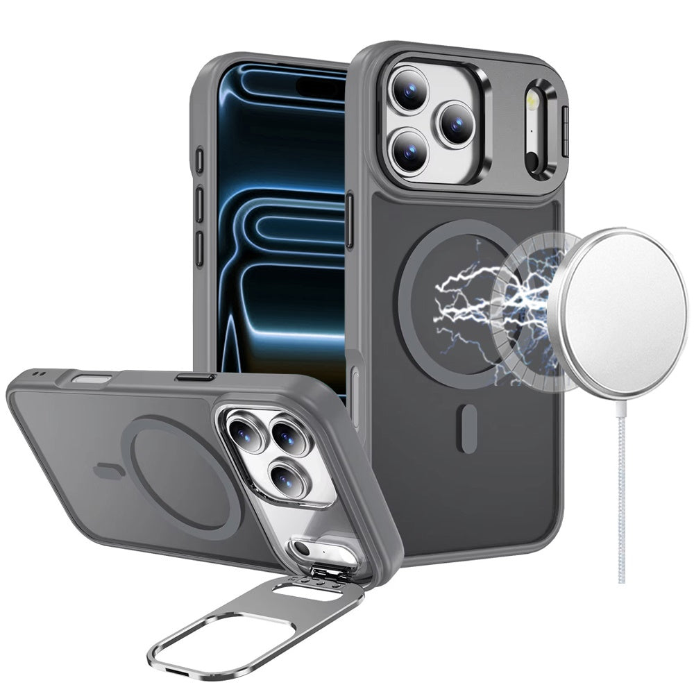 For iPhone 17 Pro Max Fearless Tough HQ Metallic Hybrid with Camera Ring Stand [Magnetic Circle] Case - Gray