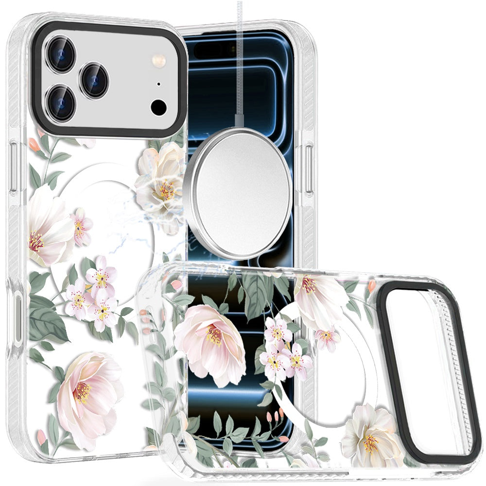 For iPhone 17 Pro Max Beautiful Magnetic Hybrid IMD Design Case - Light Floral with Gray Leaves