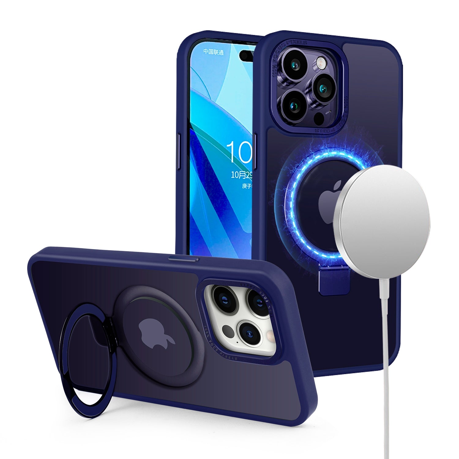 For iPhone 11 (XI6.1) Metal Chrome Kickstand [Magnetic Circle] Shockproof Matching Camera Hybrid - Navy Blue