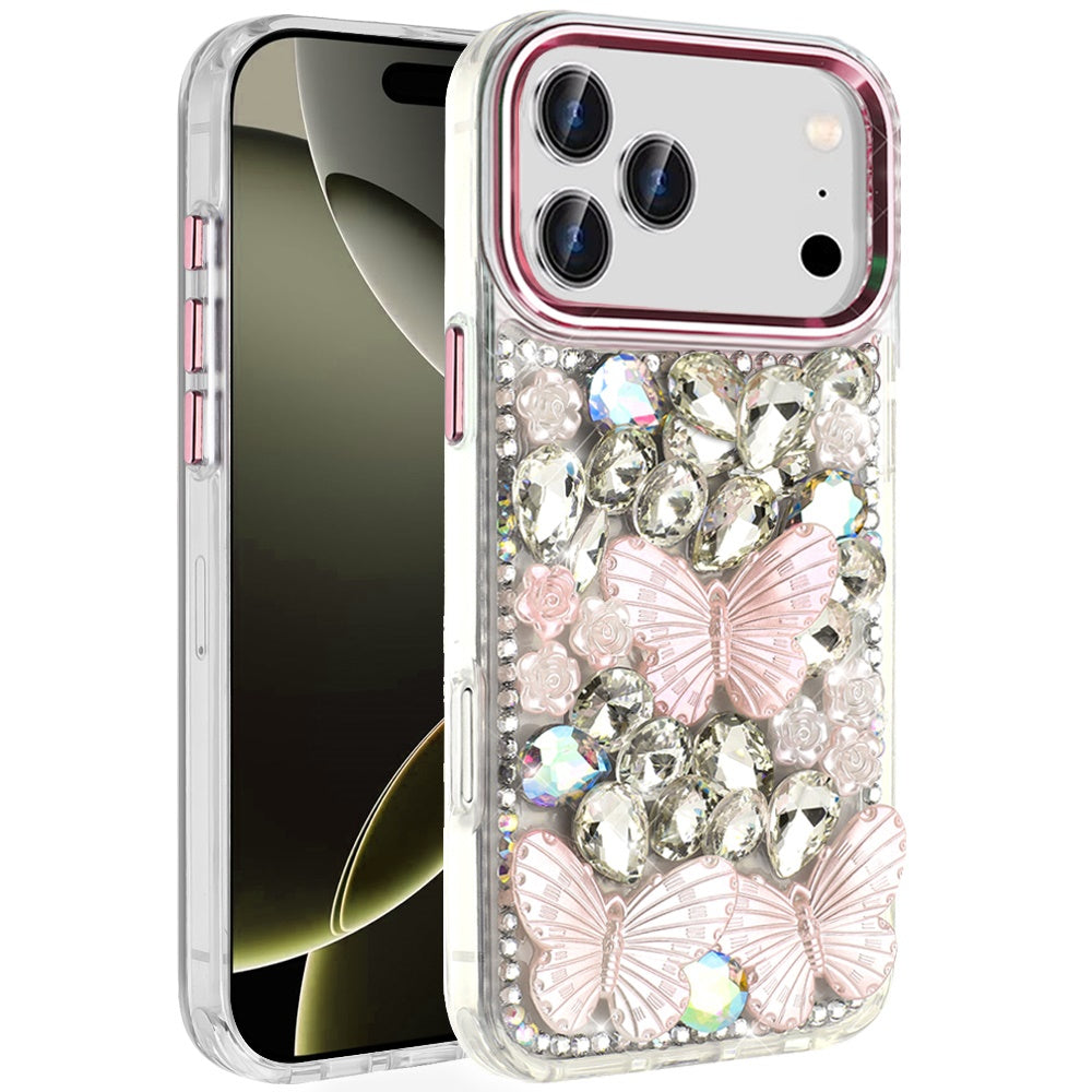For iPhone 17 Pro Max Lavished Floral Butterfly Bling Stones Hybrid Case - Pink