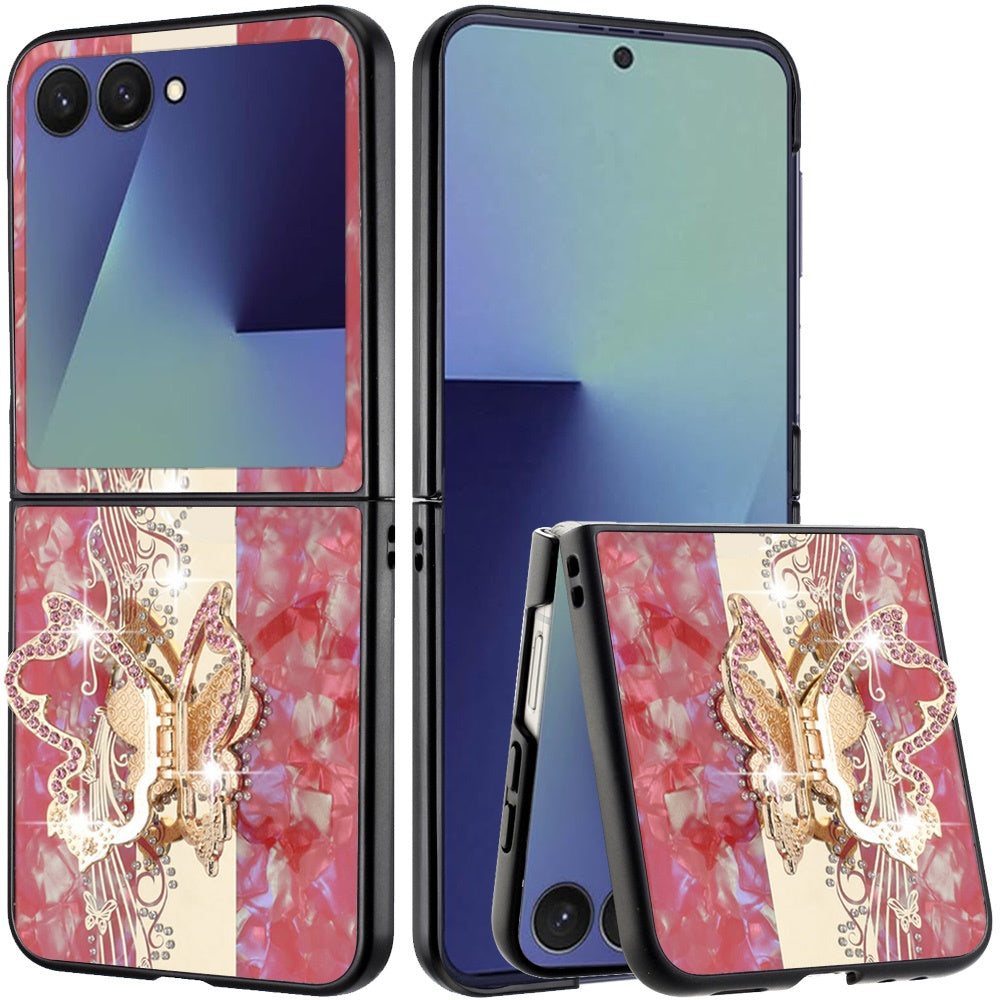 For Samsung Z Flip 7 SPLENDID Diamond Glitter Ornaments Engraving Case Cover - Enchanted Butterfly Red