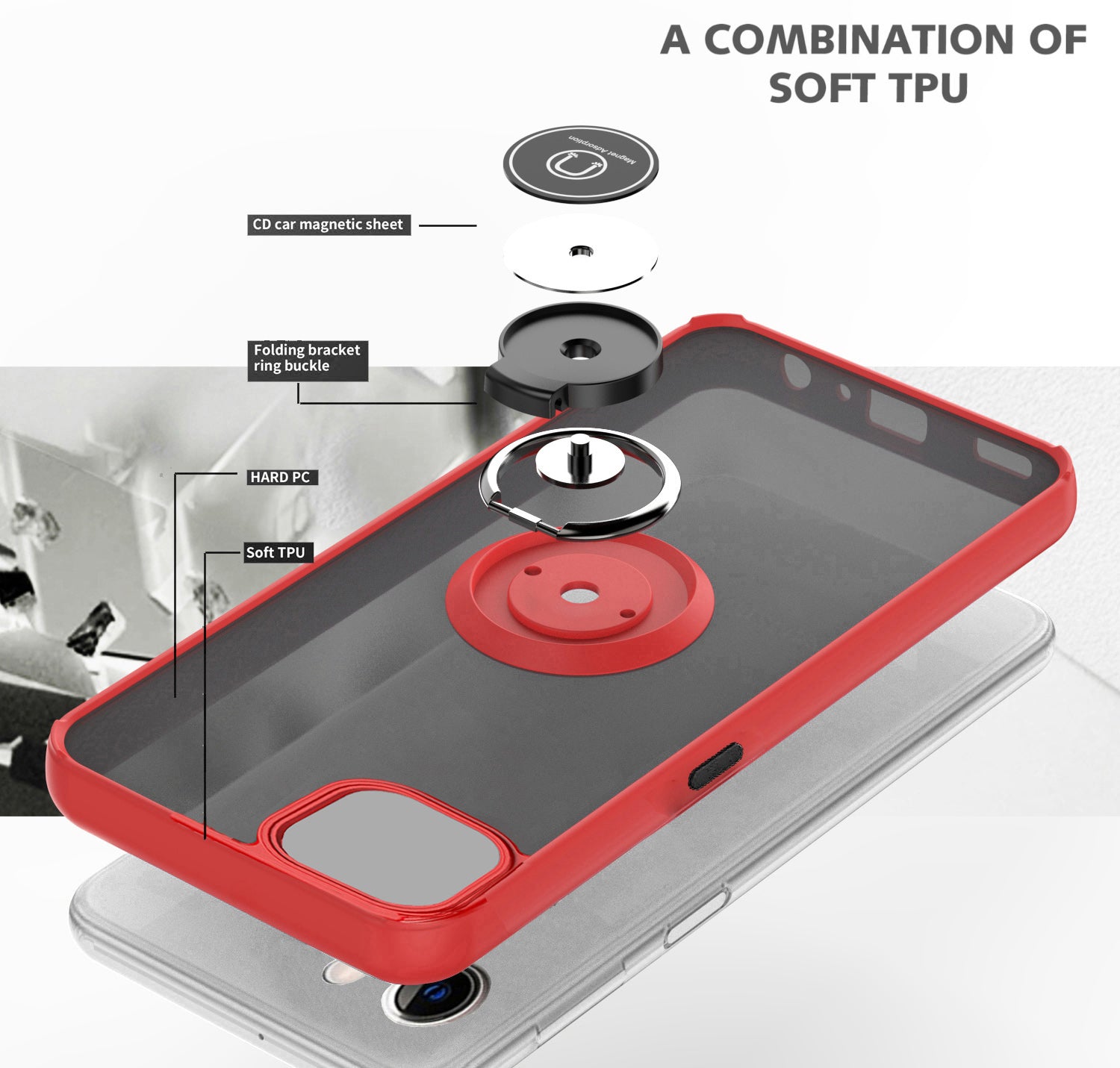 Red TPU Frame Case with Ring for iPhone 16e