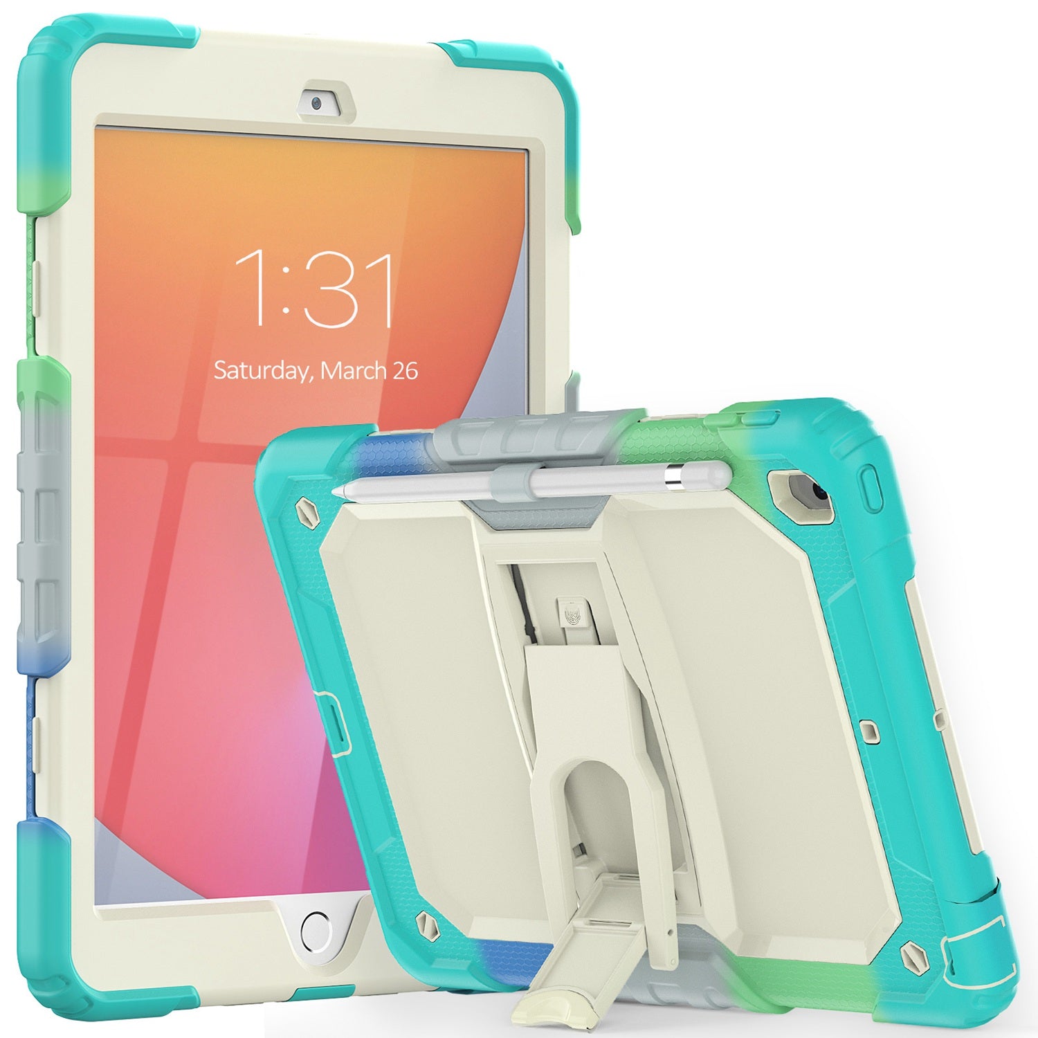 For Samsung A9 Plus 11 inch Heavy Duty Full Body Rugged Tablet Kickstand Case Cover - Beige/Camo Mint