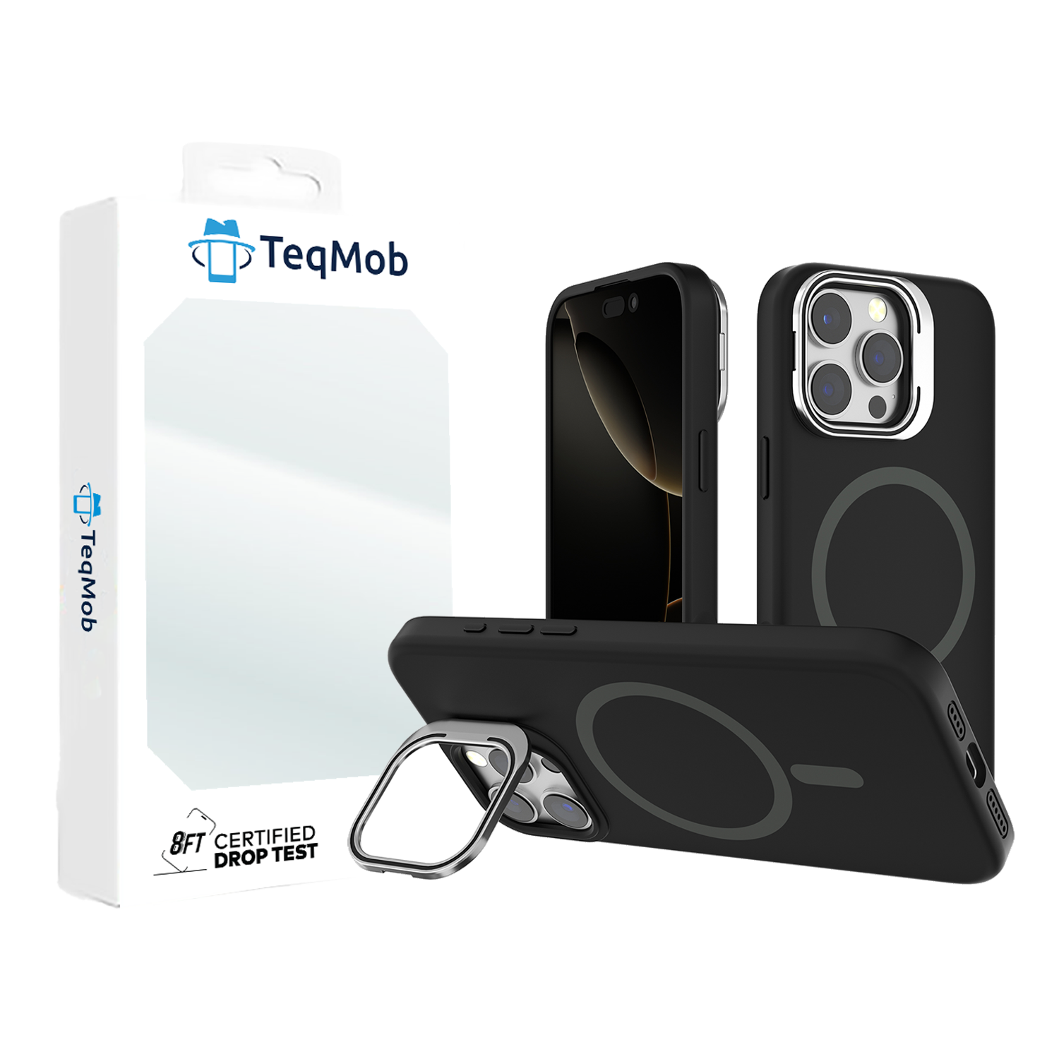 Black Silicone Camera Kickstand with Magnetic Compatibility for iPhone 16 Pro Max with package