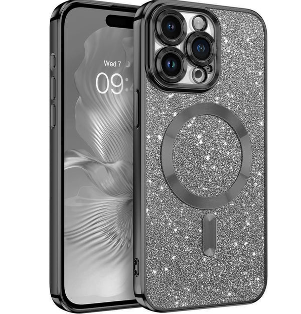 Black Glitter Soft TPU Case with Magnetic Compatibility for iPhone 15 Pro