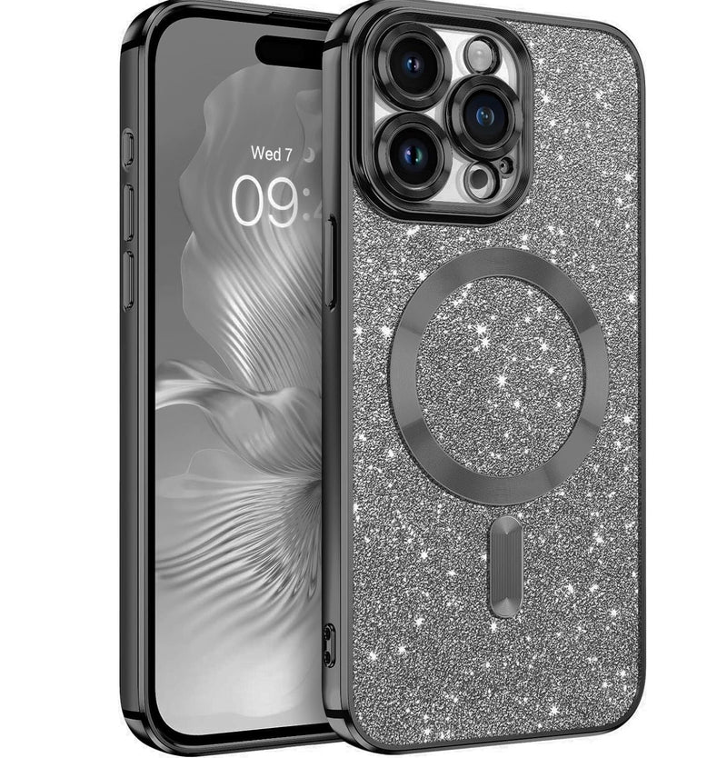 Black Glitter Soft TPU Case with Magnetic Compatibility for iPhone 16 Pro Max