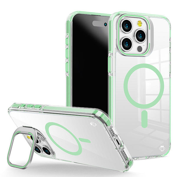 Tea Green Camera Kickstand Case with Magnetic Compatibility for iPhone 15 Plus
