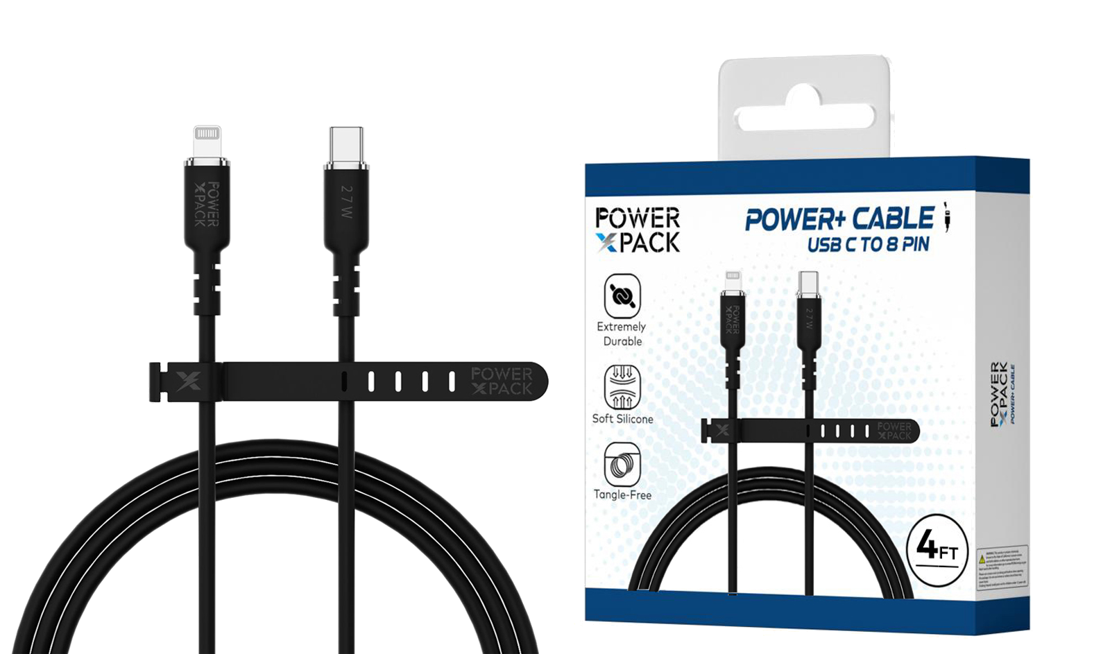 Power X Pack Black 27W 4ft USB-C to 8Pin Cable High Quality Silicone Jacket