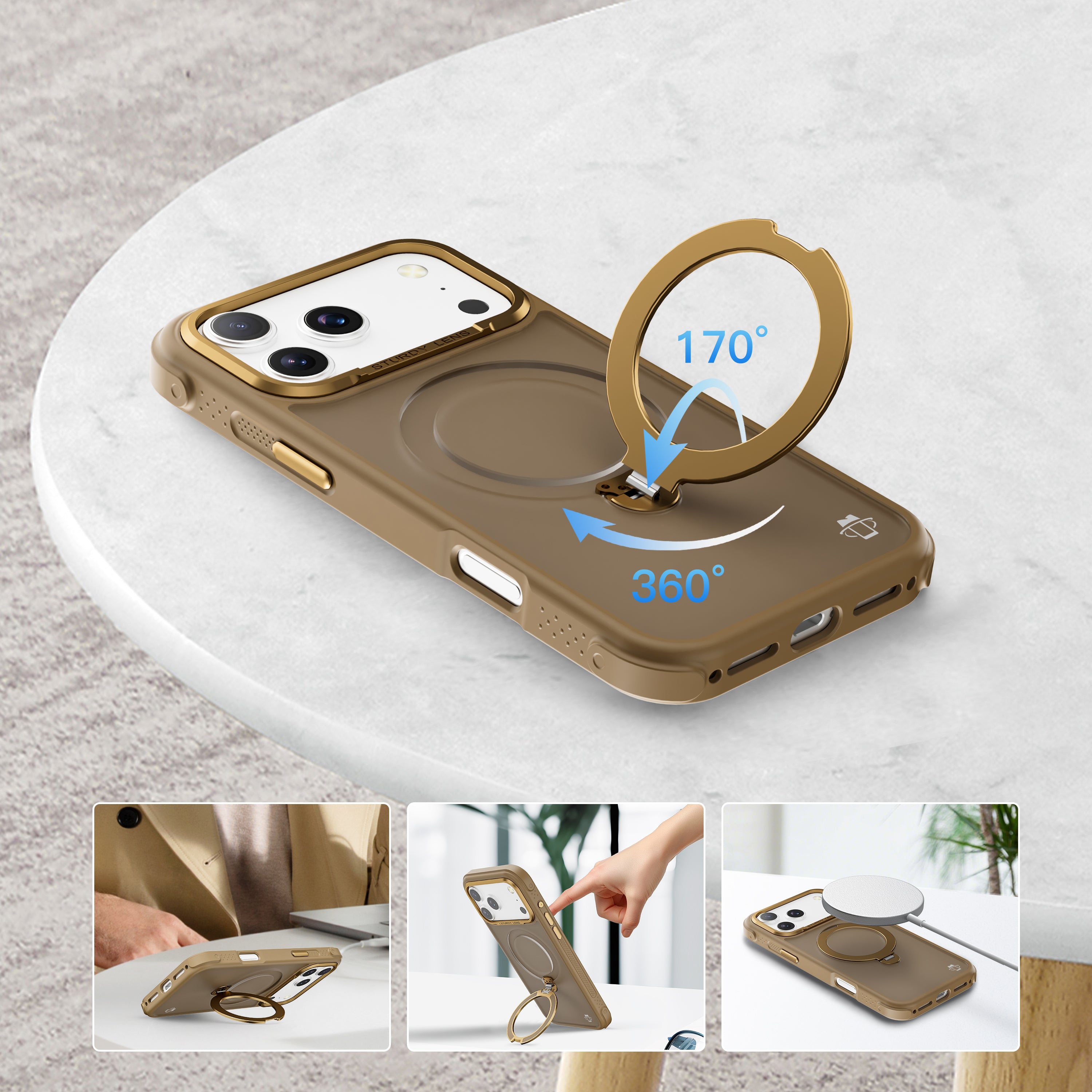 Beige Frosted Bumper with 360° Magnetic Kickstand for iPhone 17 6.1 with package