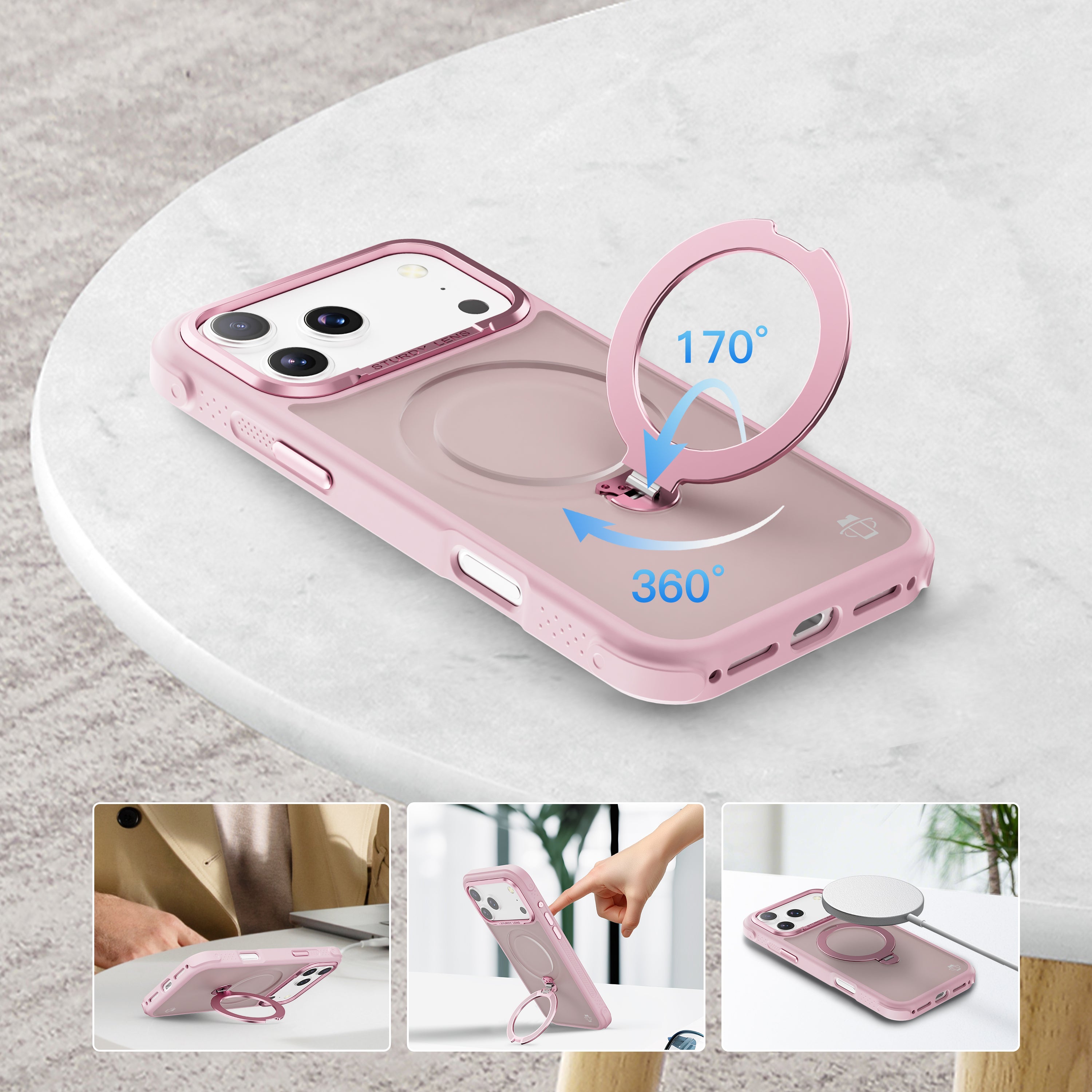 Pink Frosted Bumper with 360° Magnetic Kickstand for iPhone 17 Pro Max with package