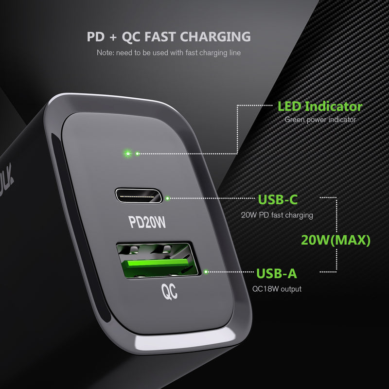 20W PD+QC FAST WALL CHARGER Black