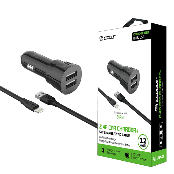Black Esoulk 12W 2.4A Dual USB Travel Car Charger With 5FT Charging Cable For IPhone XS MAX/XS/XR/X/8/7