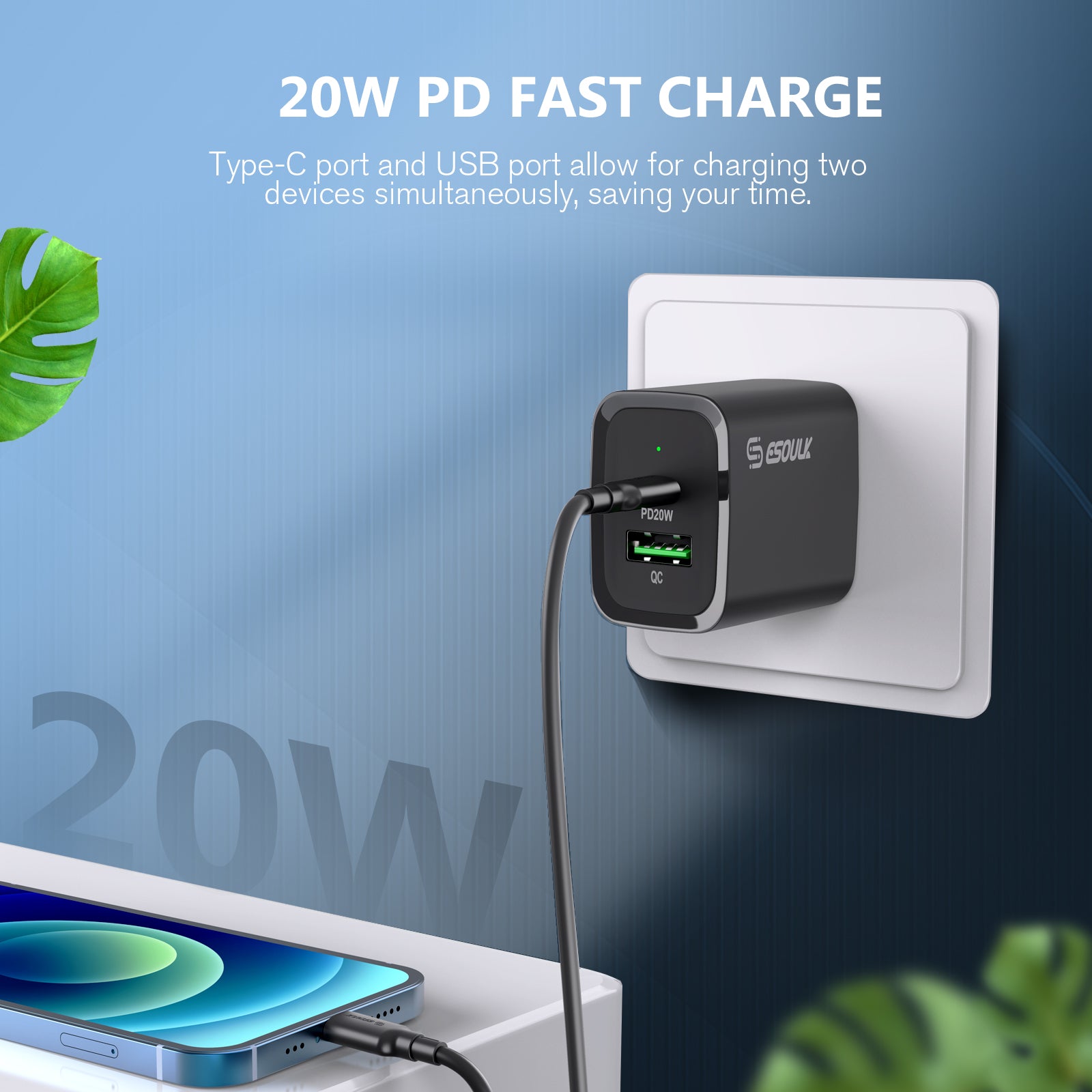 Black 20W PD+QC FAST WALL CHARGER & 5FT USB C TO 8PIN CABLE