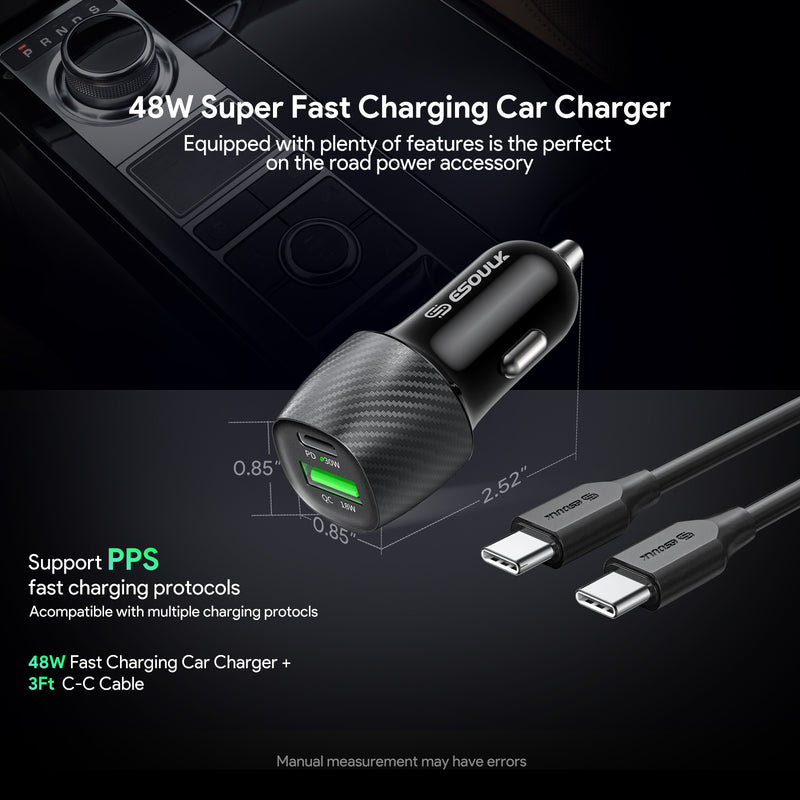 48W PD&QC CAR CHARGER +3FT USB-C TO USB-C CABLE