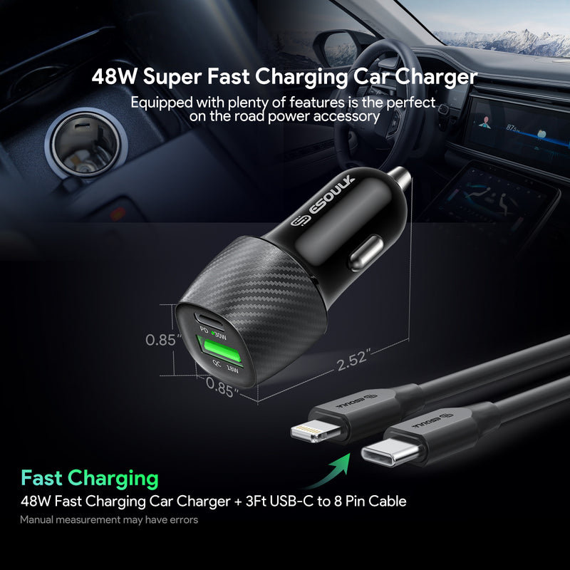 48W PD&QC CAR CHARGER +3FT USB-C TO 8PIN CABLE