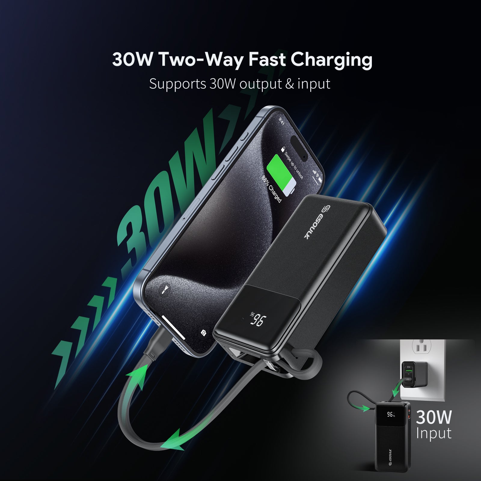 10000mah 30W Bulit-In USB-C Cable Power Bank