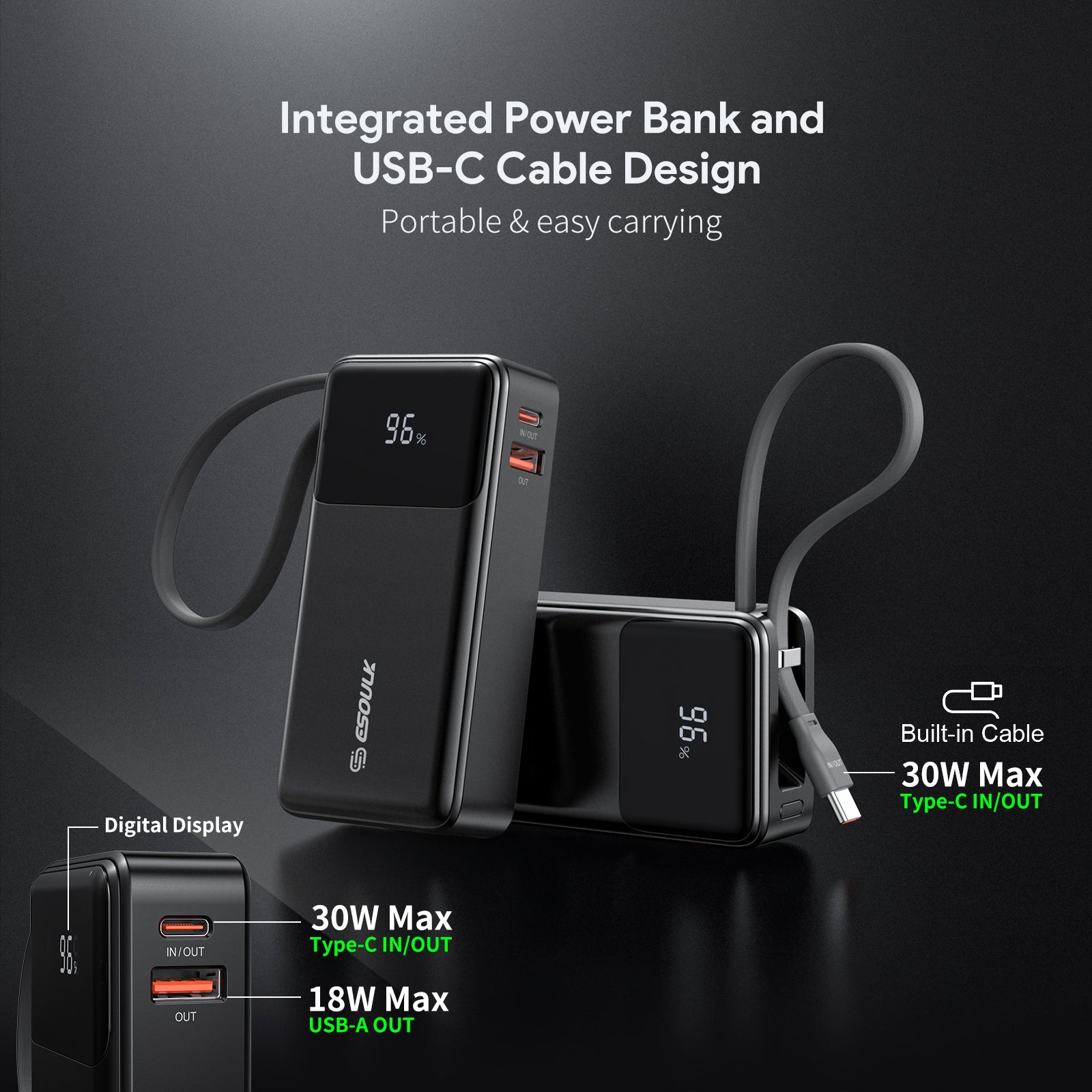 10000mah 30W Bulit-In USB-C Cable Power Bank