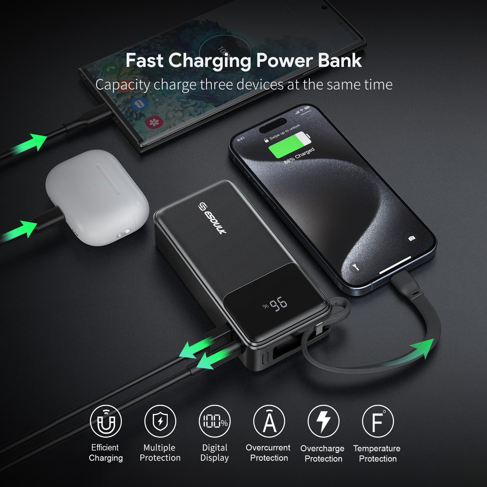 10000mah 30W Bulit-In USB-C Cable Power Bank