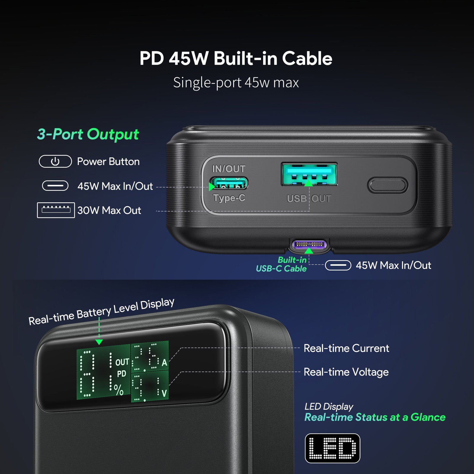 20000mAh PD 45W Built-in USB-C Cable Power Bank