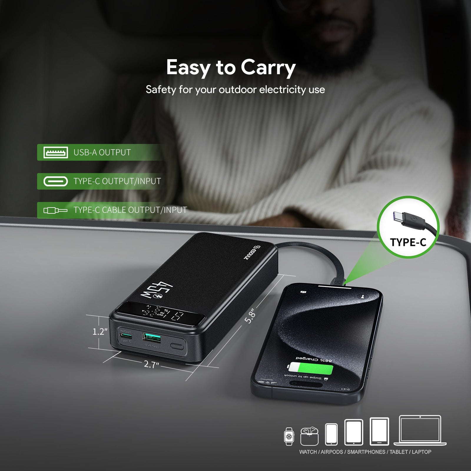 20000mAh PD 45W Built-in USB-C Cable Power Bank