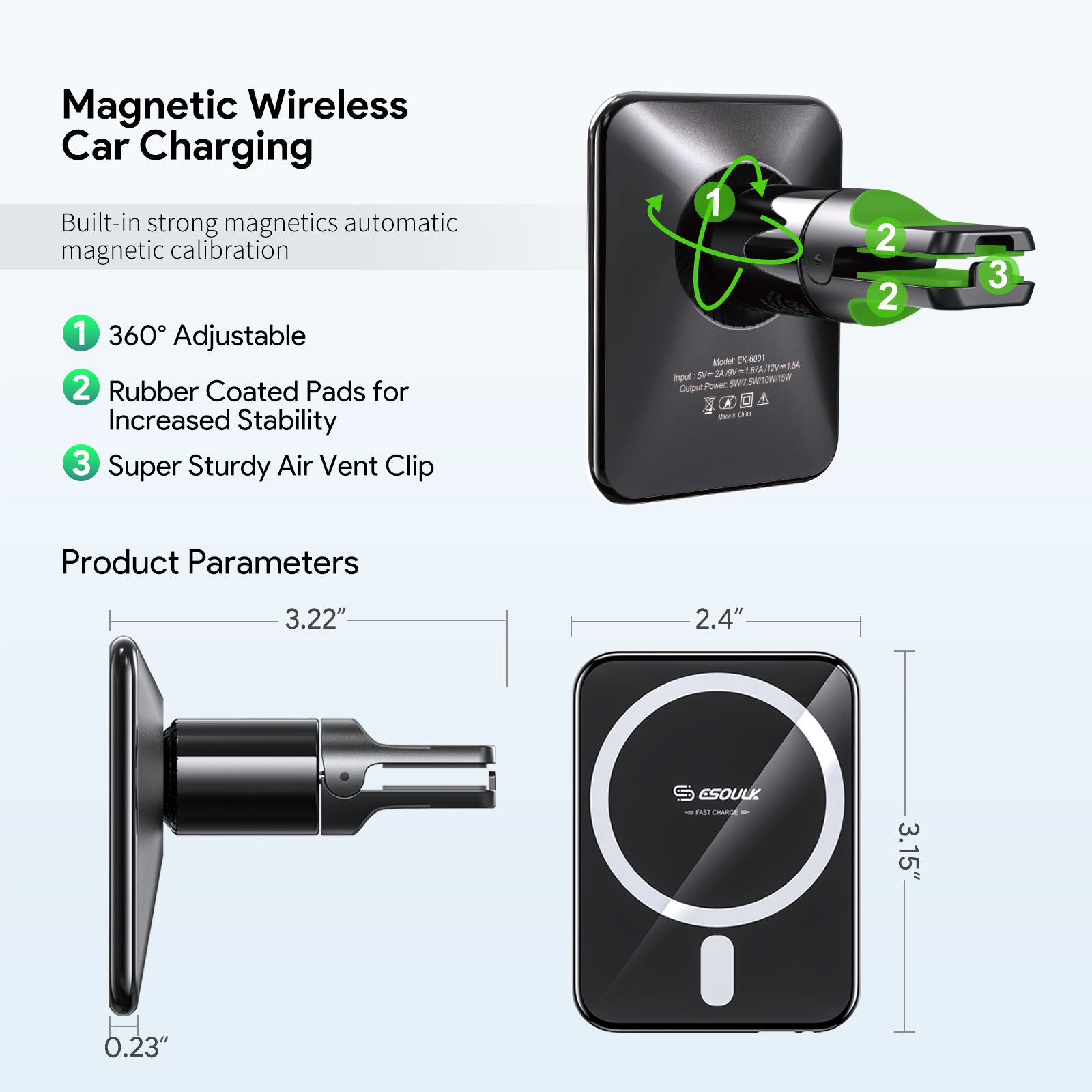 15W Magnetic Wireless Charger Air Vent Car Mount